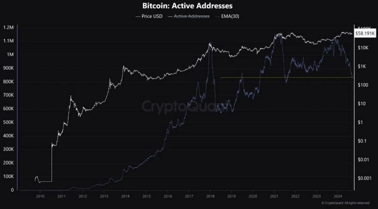 График активности адресов Bitcoin и цены в долларах США как пример реальных данных по криптовалюте
