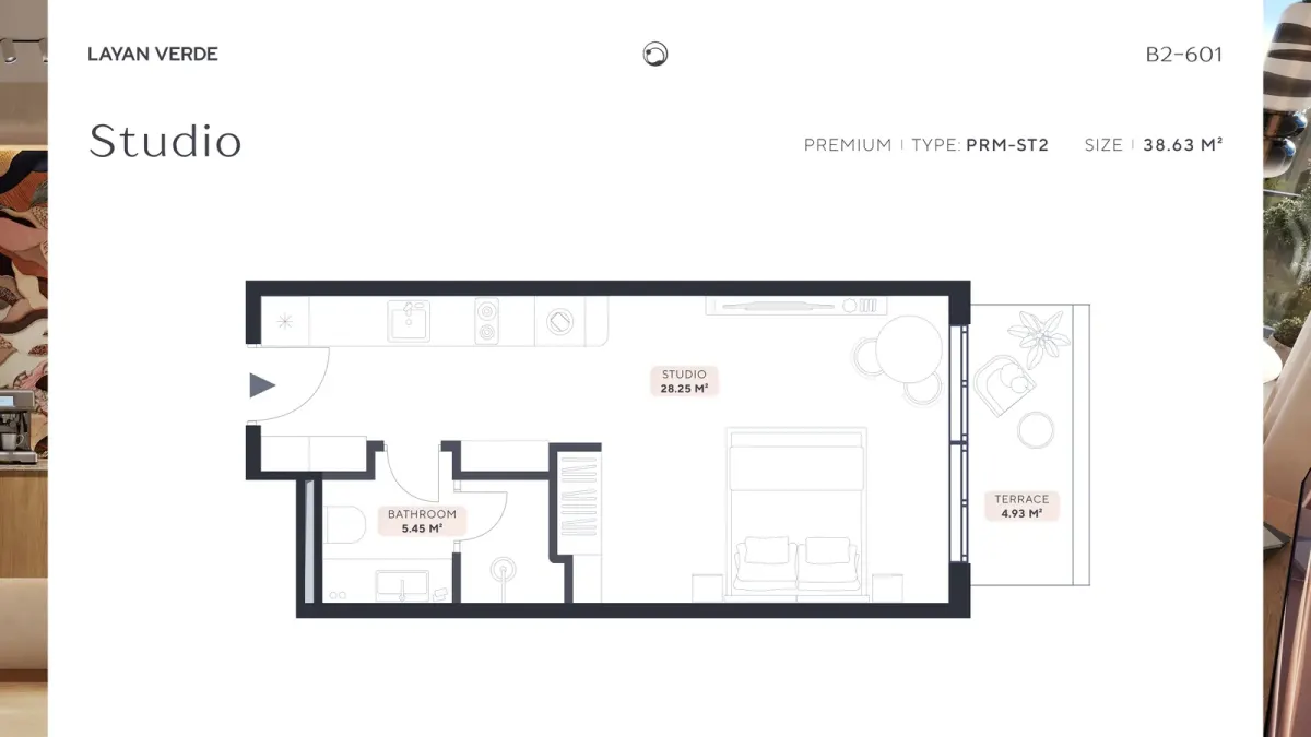 Photo: B2 601 Studio type PRM ST2 (38.63 m²) d006de69a1. Landscape image 3840x2160. Readable text: p, LAYAN VERDE () B2-601 & wy Stu d O PRE Photo: B2 601 Studio type PRM ST2 (38.63 m²) d006de69a1. Landscape image 3840x2160. Readable text: p, LAYAN VERDE () B2-601 & wy Stu d O PRE