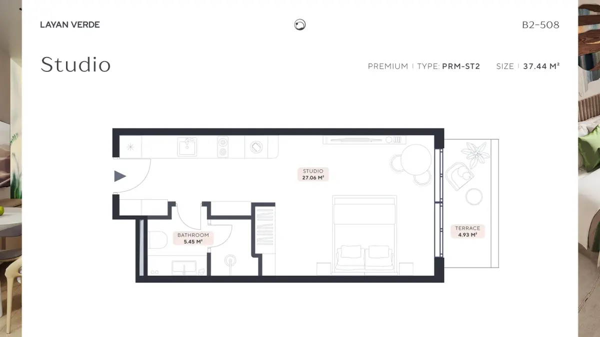 Photo: B2 508 Studio type PRM ST2 (37.44 m²) ce2436769d. Landscape image 3840x2160. Readable text: LAYAN VERDE (S) B2-508 [Ee | Studio PREMI Photo: B2 508 Studio type PRM ST2 (37.44 m²) ce2436769d. Landscape image 3840x2160. Readable text: LAYAN VERDE (S) B2-508 [Ee | Studio PREMI