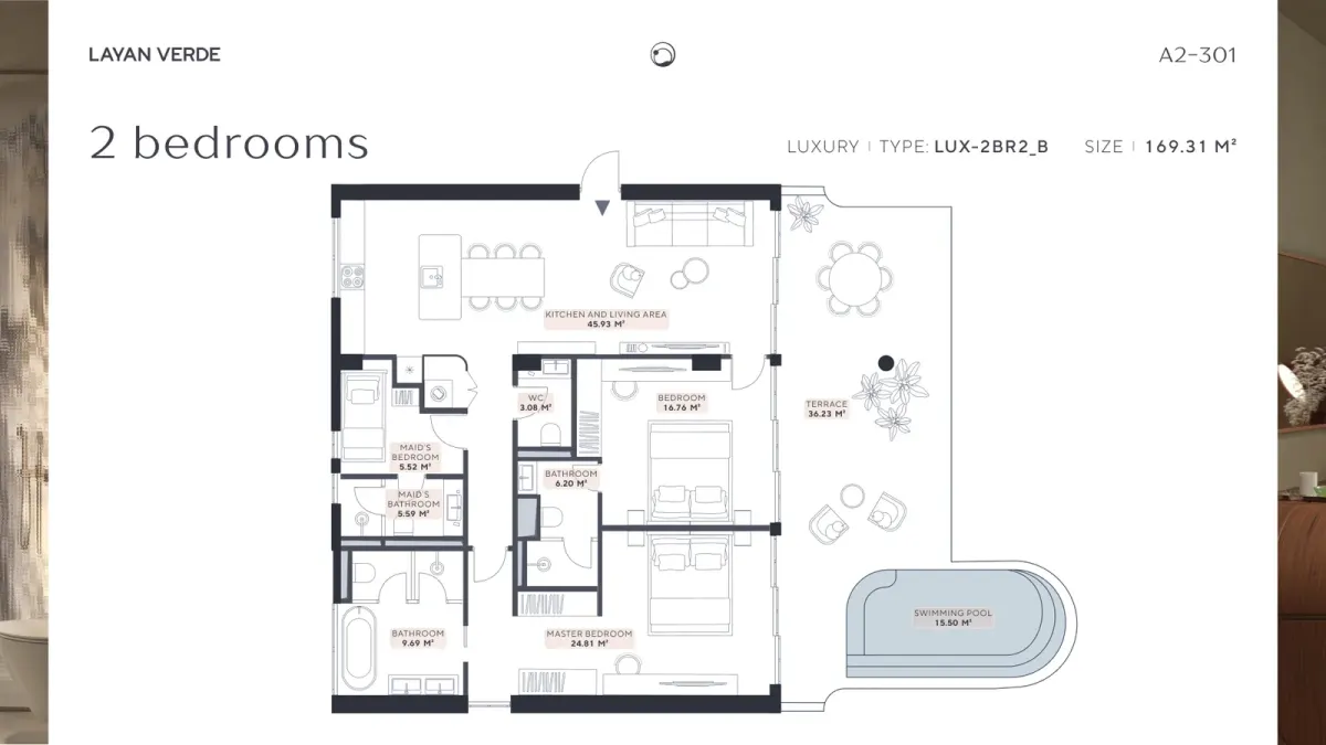Планировка квартиры LAYAN VERDE A2-301 с 2 спальнями типа LUX-2BR2_B, площадь 169,31 м² Планировка квартиры LAYAN VERDE A2-301 с 2 спальнями типа LUX-2BR2_B, площадь 169,31 м²