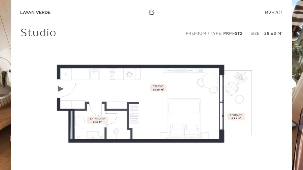 Планировочная схема студии Layan Verde типа PRM-ST2 площадью 38,63 м² с террасой и ванной комнатой