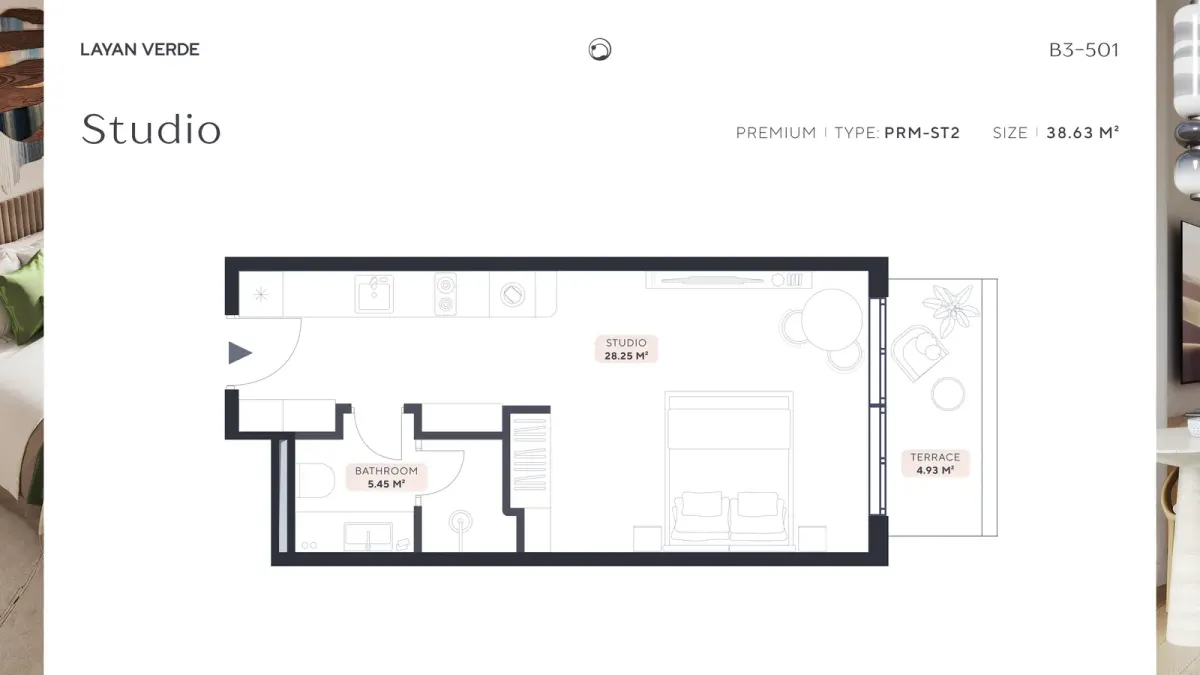 Планировка студии B3-501 Laan Verde, тип PRM-ST2, площадь 38,63 м² на Пхукете