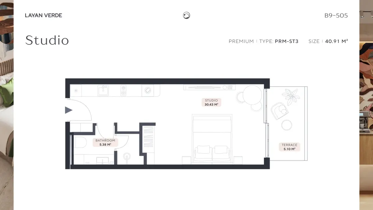 Планировка студии Layan Verde B9-505 типа PRM-ST3 площадью 40,91 м² в районе Лаян на Пхукете