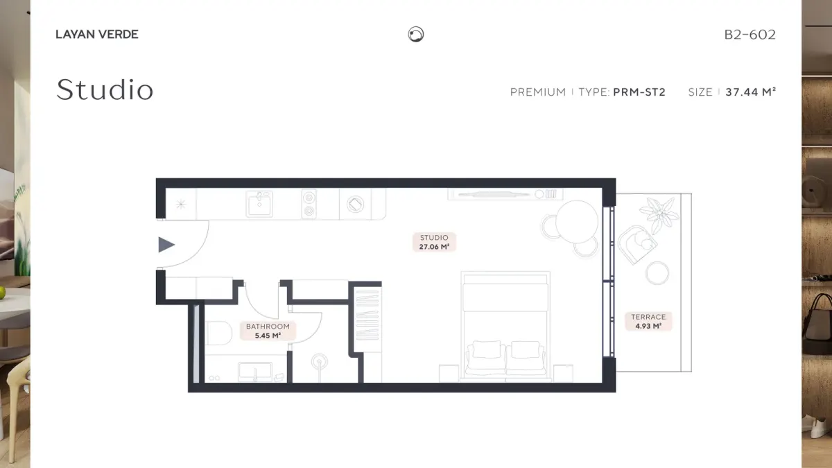 Планировка студии Layan Verde PRM-ST2 площадью 37,44 м² на Пхукете