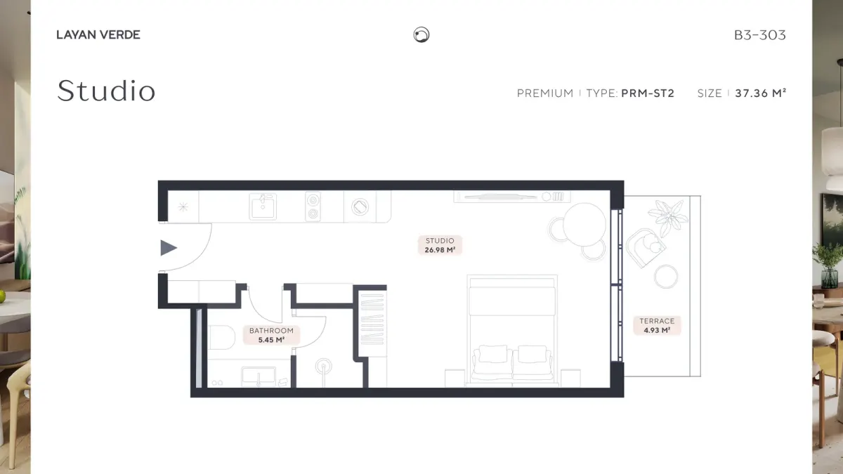 Планировка студии LAVAN VERDE B3-303 Premium PRM-ST2 площадью 37,36 м² с террасой и ванной