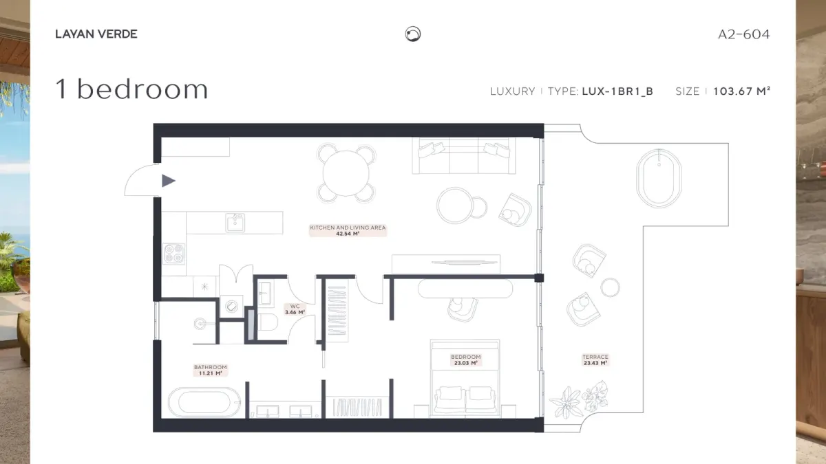Планировка апартаментов LAYAN VERDE A2-604, 1 спальня, тип LUX-1BR1_B, площадь 103,67 м² на Пхукете Планировка апартаментов LAYAN VERDE A2-604, 1 спальня, тип LUX-1BR1_B, площадь 103,67 м² на Пхукете