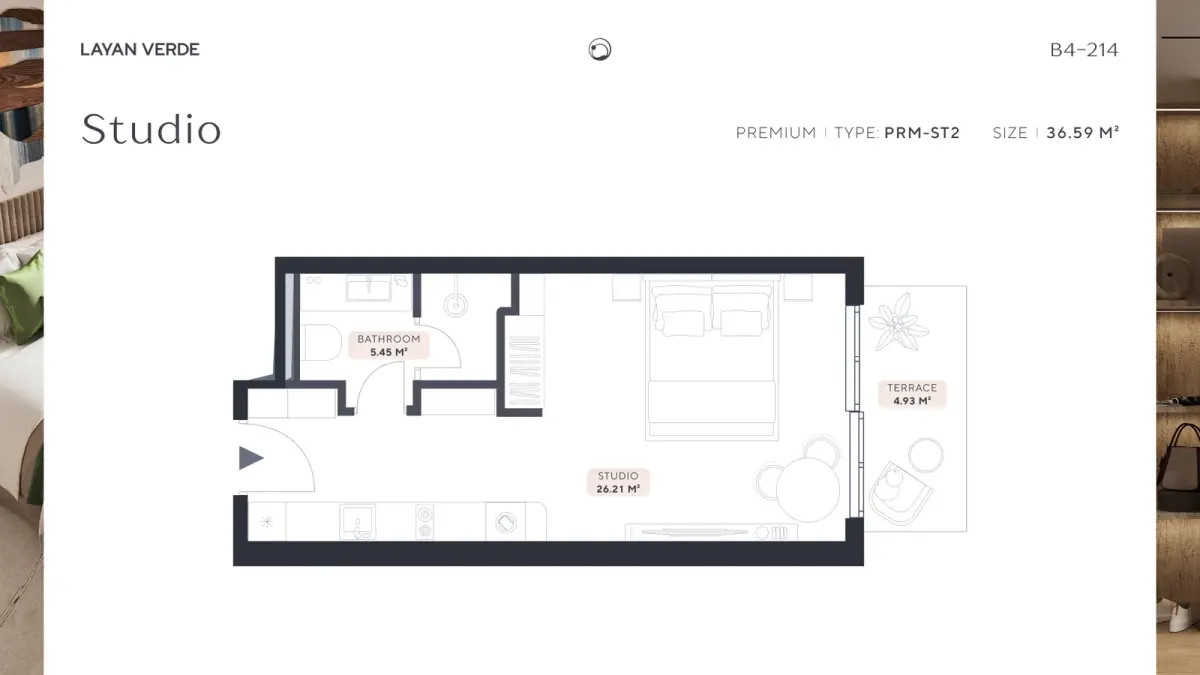 Планировка студии Layan Verde B4-214, тип PRM-ST2, общая площадь 36,59 м² с террасой и санузлом Планировка студии Layan Verde B4-214, тип PRM-ST2, общая площадь 36,59 м² с террасой и санузлом