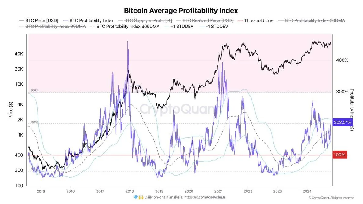 График Bitcoin Average Profitability Index с ценой BTC и долей монет в прибыли для анализа рыночных циклов
