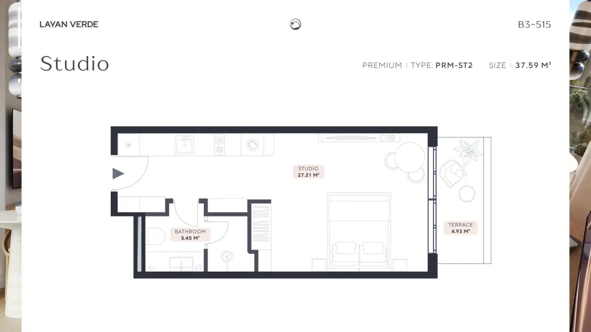 Планировка студии Layan Verde B3-515 типа PRM-ST2 площадью 37,59 м² как пример зарубежного объекта