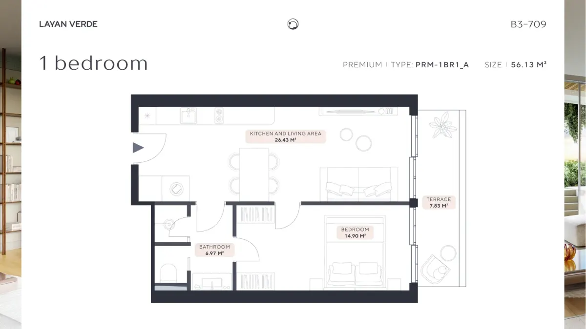 План однокомнатных апартаментов LAVAN VERDE B3-709 площадью 56,13 м² с кухней, гостиной, террасой, спальней и ванной