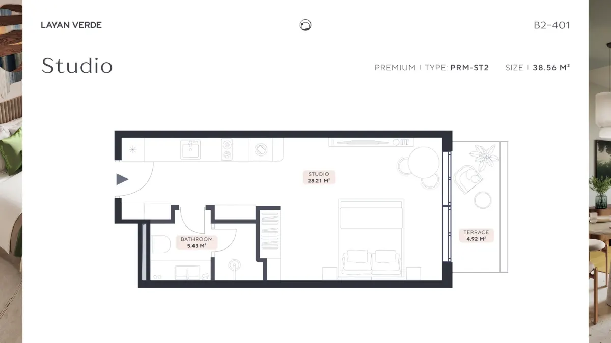 Photo: B2 401 Studio type PRM ST2 (38.56 m²) 5ba88c04f7. Landscape image 3840x2160. Readable text: me LAAN VERDE © B2-401 \. Studio PREMIUM